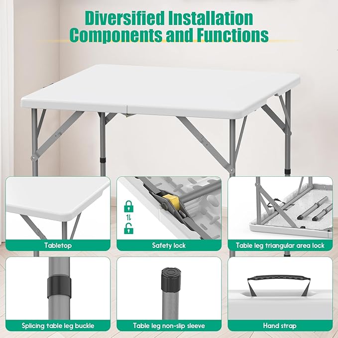 HLPB 34'' Square Folding Card Table, Fold-in-Half Portable Dining Table with Handle and Safety Lock, Foldable Plastic Dining Table Indoor Outdoor for Camping, Picnic and Party Event, White-VerdiqueGarden