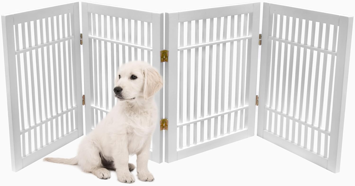 Pet Dog Gate Strong and Durable Freestanding Folding Acacia Hardwood Portable Wooden Fence Indoors or Outdoors by Urnporium (White Pet Gate, 4 Panel 24" Tall)-VerdiqueGarden