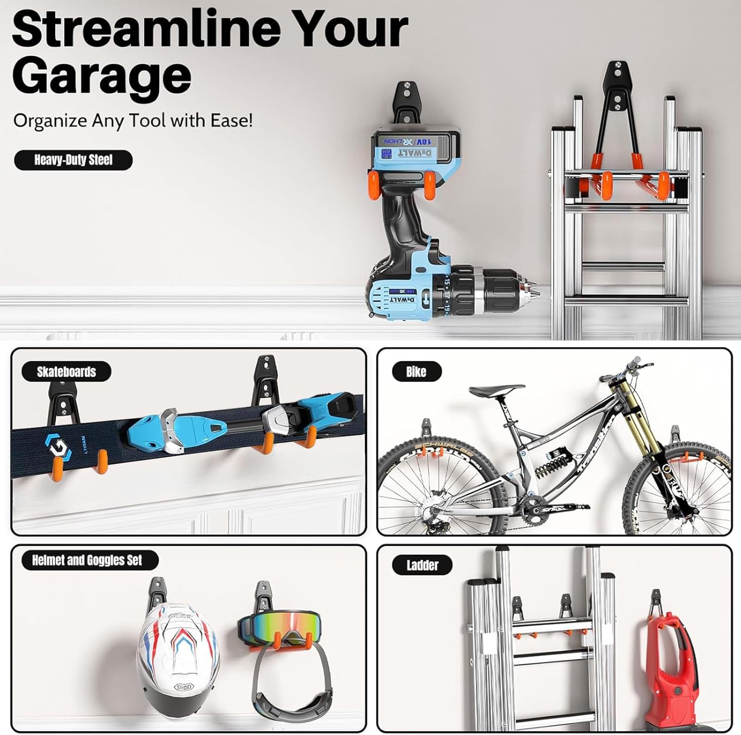 Skateboard Hooks 2-Pack Small Utility Heavy Duty Holder Garage Storage Wall Mount for Stroller Tennis Garden Tool Household Warehouse Shed-VerdiqueGarden