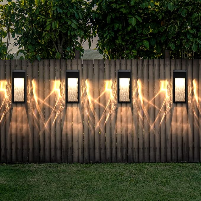 Metal Solar Lights Outdoor, 4 Pack Textured Glass Solar Fence Lights, Solar Wall Lights Outdoor Waterproof, Fence Lights Solar Powered for Yard Porch Patio Garden Decor (Warm/Color Changing)-VerdiqueGarden