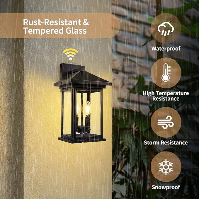 Dusk to Dawn Outdoor Wall Lantern, Exterior Wall Sconce Fixture with Tempered Clear Seeded Glass, Matte Black Finish for Outdoors (Large Wall Mount)-VerdiqueGarden