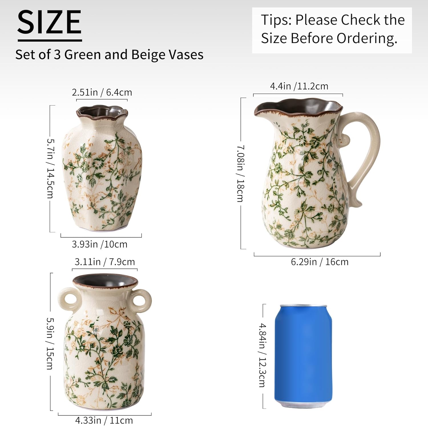 Ceramic Vases Set of 3, Green & Beige Chinoiserie Flower Pitcher Vase, Farmhouse Vintage Floral Vase Home Decor for Mantle, Fireplace, Kitchen Counter, Living Room Bookshelf Rustic Table Centerpiece-VerdiqueGarden