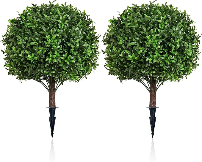 Artificial Olive Leaf Boxwood Topiary Ball Trees, Set of 2 UV Resistant 16in Outdoor Plants – Artificial Bonsai, Miniature Trees, Garden, Curb Appeal-VerdiqueGarden