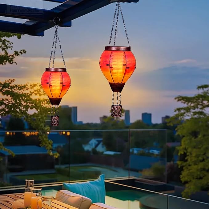 Hot Air Balloon Solar Lantern with Flickering Flame Light Outdoor Solar Hanging Lights Waterproof for Garden Yard Farmhouse Patio Pathway Outside Decoration, Pink&Orange-VerdiqueGarden