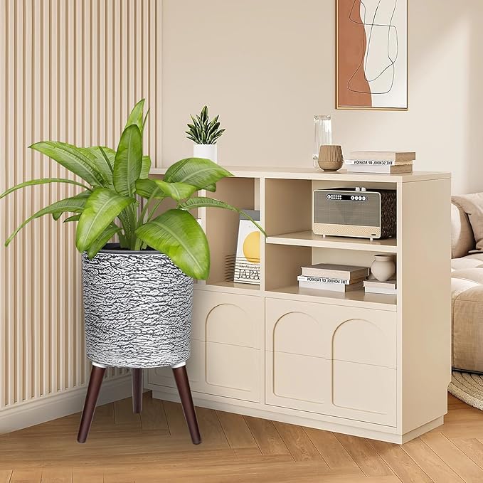 12 Inches Plant Pots with Stand Mid Century Flower Pots with Wood Legs Large Mode Cylinder Planter with Drainage Holes for Indoor Plants,Garden,Decorative-Grey-VerdiqueGarden