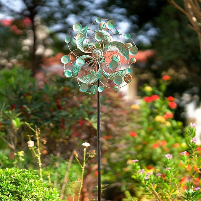 DREAMYSOUL Wind Spinner, Kinetic Wind Spinners Outdoor Metal, Garden Spinner for Yard Outside Patio Lawn Decor (Green & Cooper)-VerdiqueGarden