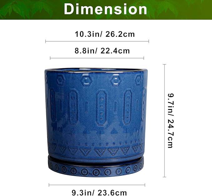 10 Inch Plant Pot - Ceramic Planter Outdoor Plant Pot Indoor with Drainage Holes and Saucer Large Flower Pot Round Decorative Planter for Garden Patio Decor Blue-VerdiqueGarden