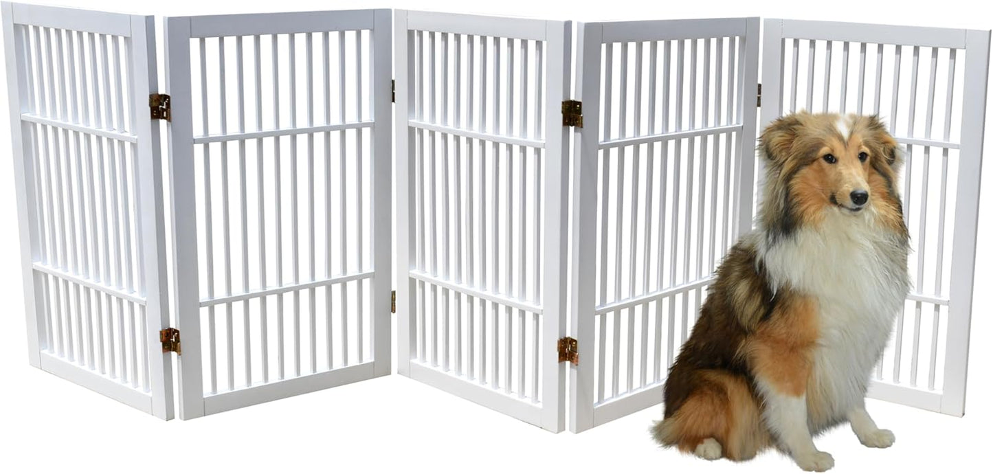 Pet Dog Gate Strong and Durable Freestanding Folding Acacia Hardwood Portable Wooden Fence Indoors or Outdoors by Urnporium (White Pet Gate, 5 Panel 30" Tall)-VerdiqueGarden