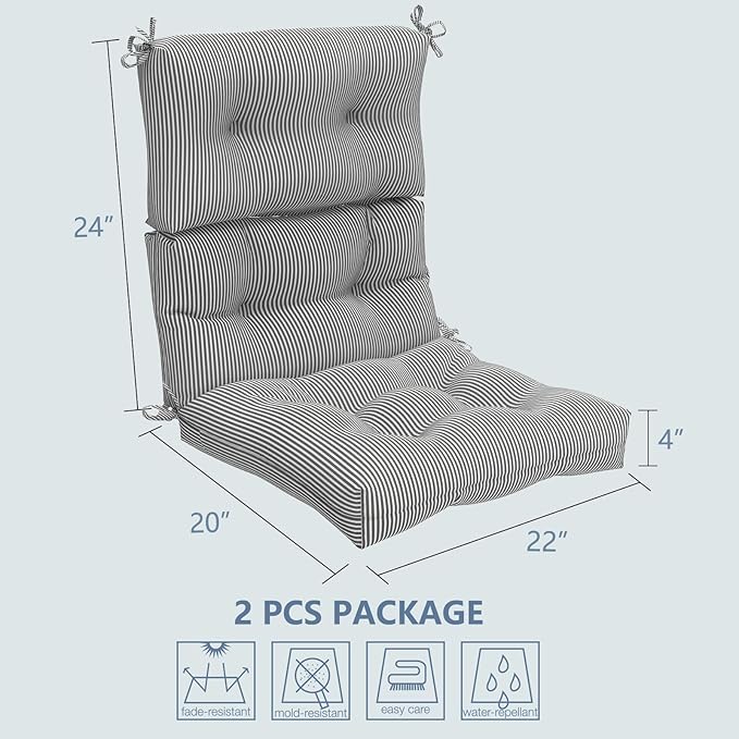 LVTXIII Outdoor 44x22-inch High Back Chair Cushions, Patio Solid Tufted Adirondack Chair Seat Cushions, Seasonal Replacement Rocking Chair Cushion with Ties, Set of 2, Strip Grey-VerdiqueGarden