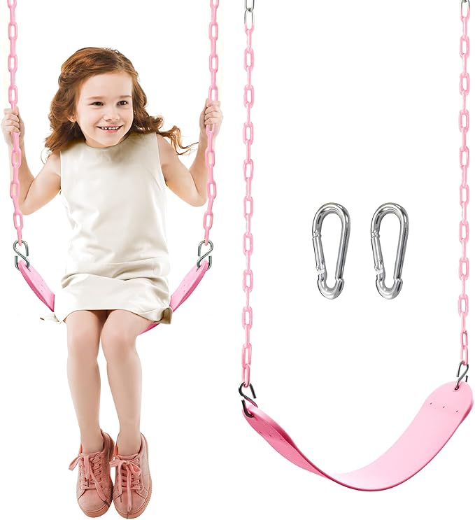 TURFEE Heavy Duty Swing Seat Pink Color with 66” Chain, Swing Set Accessories Replacement with Snap Hooks for Kids Outdoor Play Playground-VerdiqueGarden