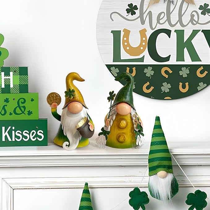 HONGLAND St.Patricks Day Decorations Outdoor Green Gnomes, Metal Gnomes Figurine Irish Leprechaun St Patricks Day Decor, Luck Shamrock Gnome for Home Outside Garden Lawn Party Yard Patio (18 INCH)-VerdiqueGarden