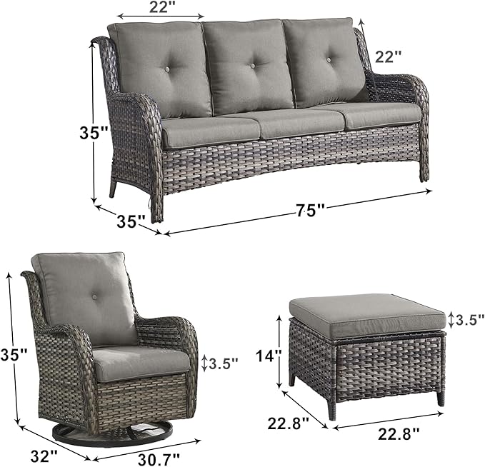 Outdoor Wicker Patio Furniture Set - 5 Piece Rattan Patio Conversation Set with 2 Rocking Swivel Chairs,2 Ottomans and 1 Sofa for Porch Deck Backyard Garden(Mixed Grey/Grey)-VerdiqueGarden