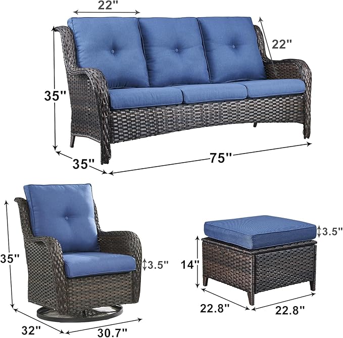 Outdoor Wicker Patio Furniture Set - 5 Piece Rattan Patio Conversation Set with 2 Rocking Swivel Chairs,2 Ottomans and 1 Sofa for Porch Deck Backyard Garden(Brown/Blue)-VerdiqueGarden