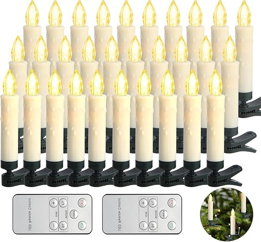 LED Christmas Candles, Flickering Clip on Candles for Christmas Tree, Battery Operated with Remote Timer, Warm White Light, Flameless Taper Candles for Home Christmas Decor, Set of 30-VerdiqueGarden