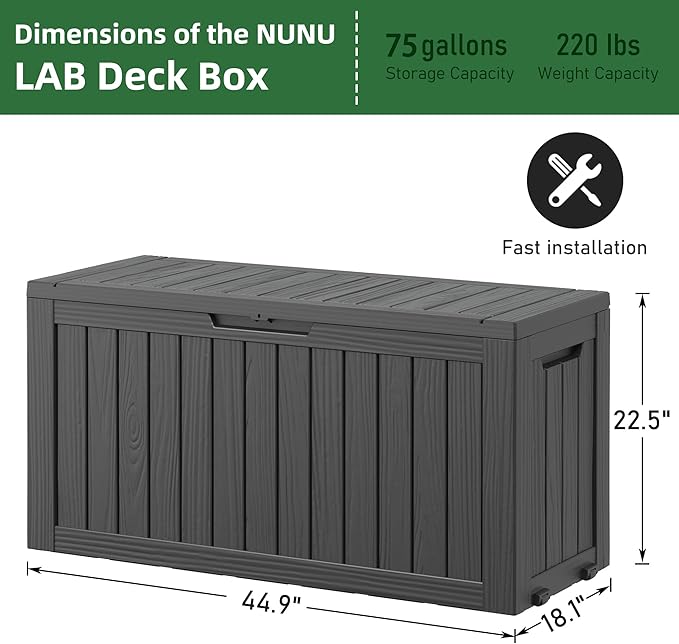 NUNU LAB 75 Gallon Outdoor Storage Box,Large Resin Sturdy Deck Box, Backyard Outside Storage Box Waterproof with Double Wall Panels,Package Delivery Garden Hose Storage Bin Outdoor Tool-VerdiqueGarden