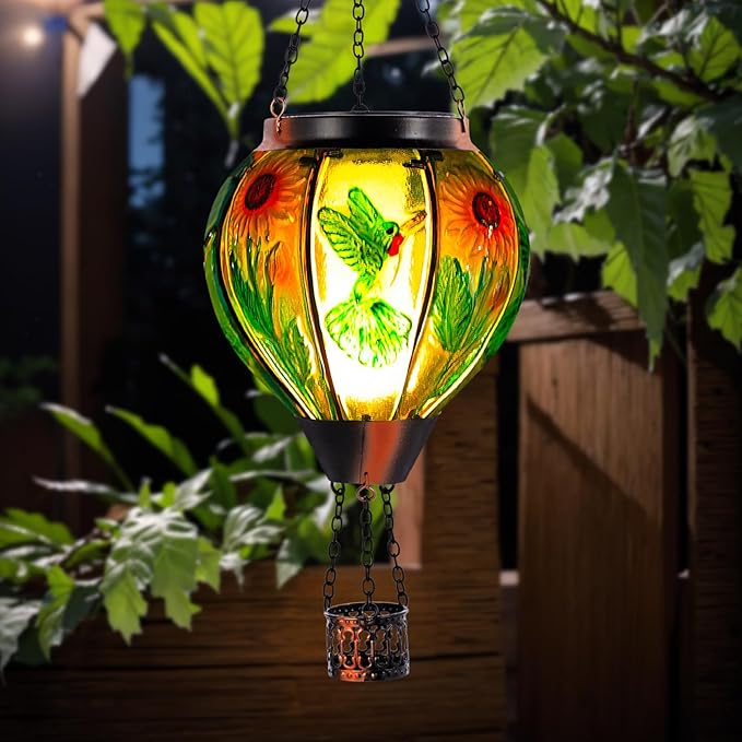 Hummingbird and Sunflower Solar Hot Air Balloon Lantern with Flame, Glass Hot Air Balloon Solar Lantern Outdoor Waterproof, Hanging Solar Lantern for Outside Garden Patio Tree Porch Yard-VerdiqueGarden