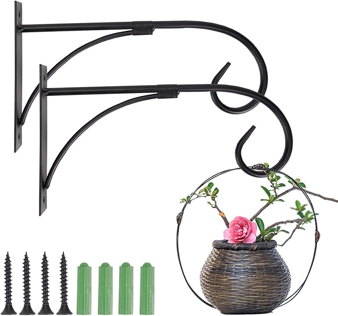 Simply Style Metal Hanging Plant Brackets 10inch, Pack of 2, Wall Mount Plant Hangers, Planter Hooks for Flower Baskets, Bird Feeders in Corridor/Patio/Porch/Garden-VerdiqueGarden
