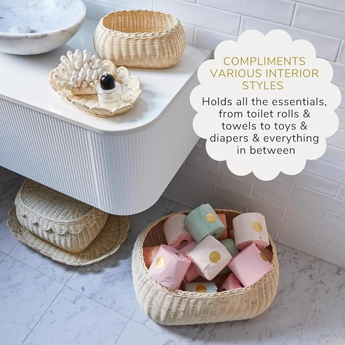 BEBE BASK Large Scalloped Basket Set Of 3 - Hand-Woven & Award-Winning Scallop Basket - XL - Extra Large for Blankets 22 x 16 x 10 In - Elegant Wicker With Scalloped Edge Lid (Natural)-VerdiqueGarden