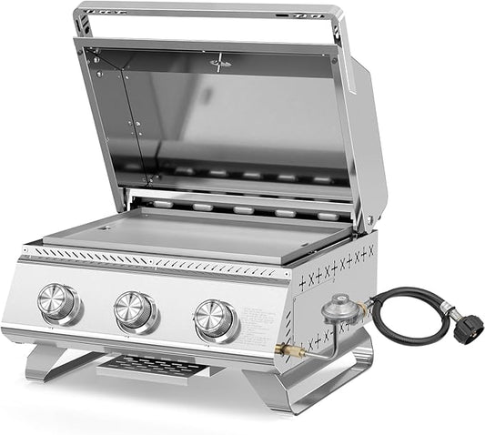3-Burner 24,000 BTU Portable Flat Top Propane Gas Grill, Heavy-Duty Stainless Steel 2-in-1 Tabletop Grill and Griddle Combo for Commercial BBQ, Outdoor Cooking, Camping,Tailgates & Backyard-VerdiqueGarden