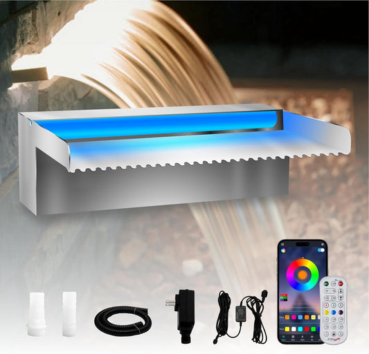 Pool Waterfall Spillway Stainless Steel Koi Pond Fountain, APP Control LED Lighted Waterfalls Kit, Outdoor Water Flow Fountains for Garden Swimming Pool Decoration-11.8"x7.8"x3.9"-VerdiqueGarden