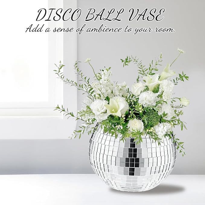 2 Pcs Disco Ball Vase, 5 x 6 Inch Mirrored Disco Ball Planters Perfect for Decorative Living Room, Bedroom, Dining Table, Wedding, Party, Birthday-VerdiqueGarden