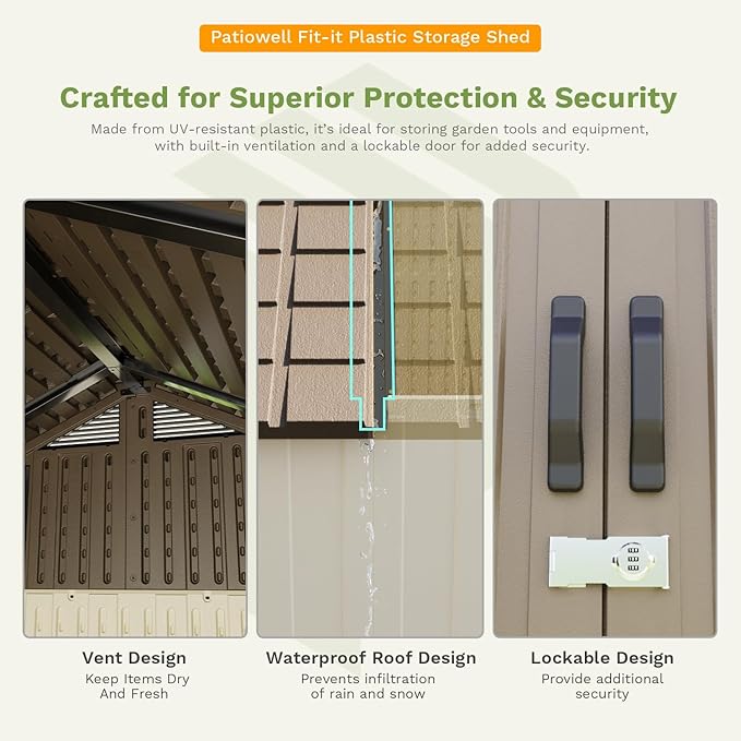 Patiowell 8 x 8 FT Plastic Outdoor Storage Shed with Floor, Resin Shed with Window and Lockable Door for Garden, Backyard, Tool Storage Use, Easy to Install in Brown (Kick-it Shed)-VerdiqueGarden