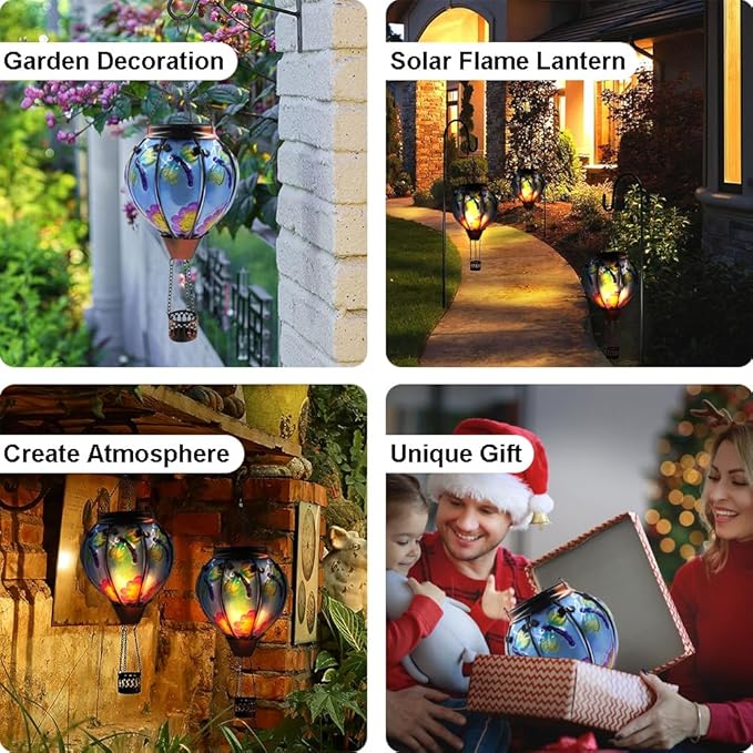 Hot Air Balloon Solar Lantern with Flickering Flame, Glass Hanging Garden Lights Outdoor Waterproof for Tree Yard Patio Mother's Day Gift, 18" H Dragonfly-VerdiqueGarden