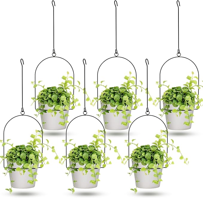 Hushee 6 Packs Metal Hanging Planters for Outdoor Indoor Plants Plant Hanger with 6.3'' Plastic Pots Hanging Planter Basket for Garden Home Porch Decor (White)-VerdiqueGarden