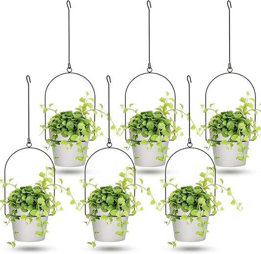 Hushee 6 Packs Metal Hanging Planters for Outdoor Indoor Plants Plant Hanger with 6.3'' Plastic Pots Hanging Planter Basket for Garden Home Porch Decor (White)-VerdiqueGarden
