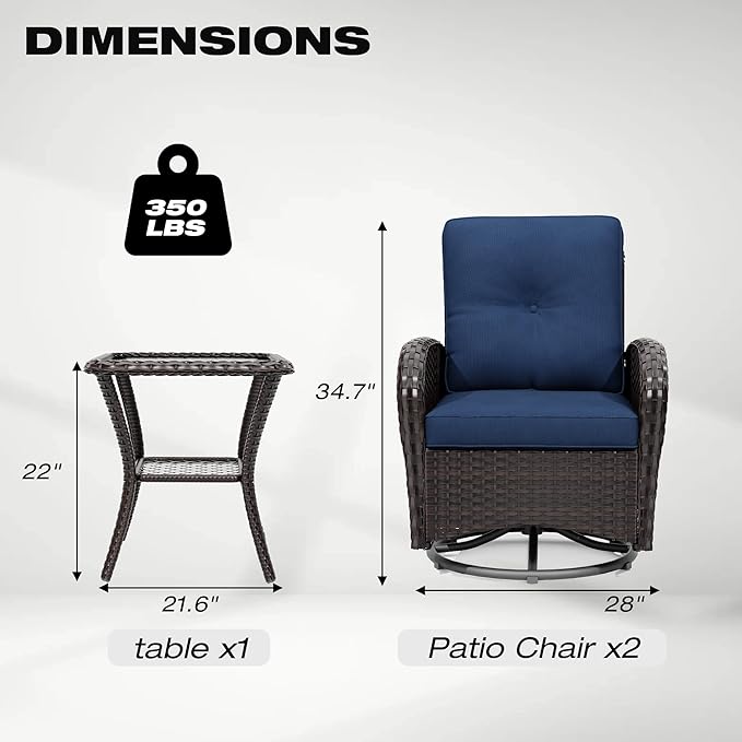 Joyside Outdoor Swivel Rocker Chairs, 3 Piece Wicker Patio Set with Thick Cushion and Side Table, Rattan Patio Swivel Rocking Chairs for Porch, Deck Use (Brown/Blue, 3 PCS)-VerdiqueGarden