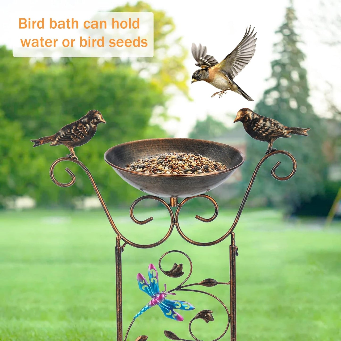 LEWIS&WAYNE Garden Trellis Bird Bath Outdoor, 40 Inch Antique Iron Garden Plant Trellis Decorative with Dragonfly and Detachable Drinking Basin Bowl, Free Standing BirdBath Birdfeeder Station-VerdiqueGarden