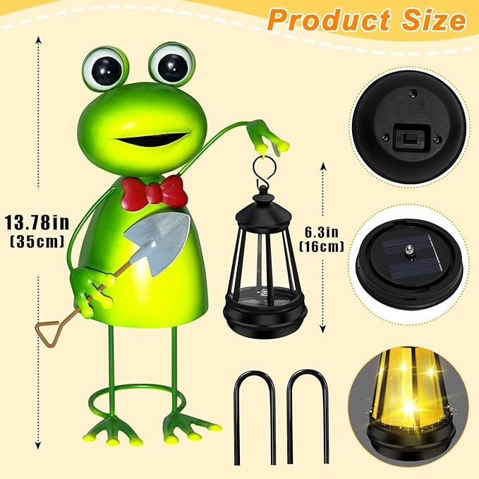 Solar Garden Lights Frog Statue with Solar Lantern lights,13.78in Frog Decoration Fairy Accessories,Birthday Gifts for Women Mom Grandma,Big Metal Decorative Stakes for Home decor,Patio,Porch,Yard Art-VerdiqueGarden