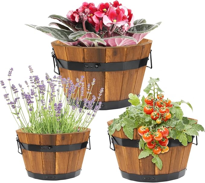 IDZO Set of 3 Wooden Upgraded Brown Orange Flower Boxes Outdoor, Durable Acacia Wood Barrel Planters for Outdoor Plants with Ergonomic Handles, Drainage Holes, Multiple Sizes Wood Bucket Planter-VerdiqueGarden