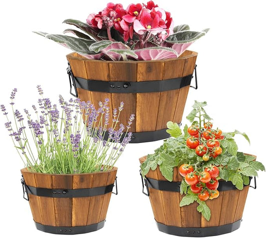 IDZO Set of 3 Wooden Upgraded Brown Orange Flower Boxes Outdoor, Durable Acacia Wood Barrel Planters for Outdoor Plants with Ergonomic Handles, Drainage Holes, Multiple Sizes Wood Bucket Planter-VerdiqueGarden