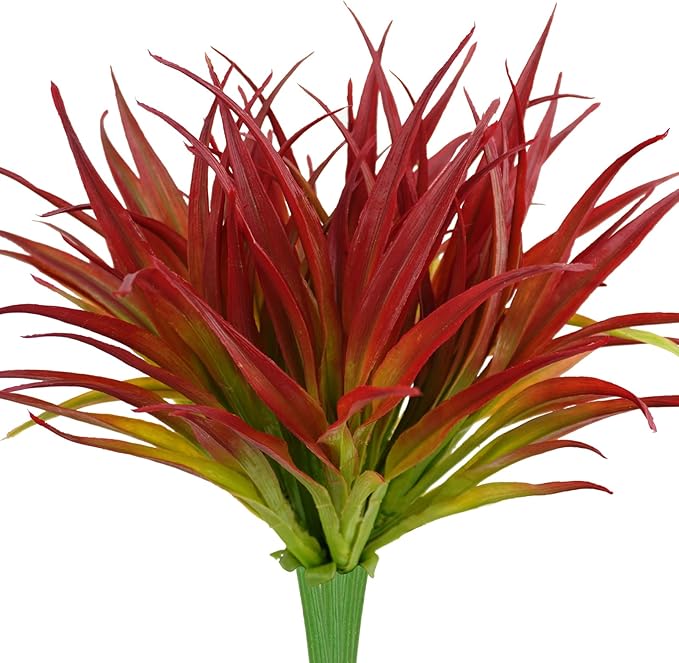 6Pcs Artificial Grass Fake Plants 17.3in Outdoor Plants UV Resistant Greenery Stems Fake Grass for Home Window Garden Office Patio Pathway Front Porch Christmas Décor Light Green & Red-VerdiqueGarden