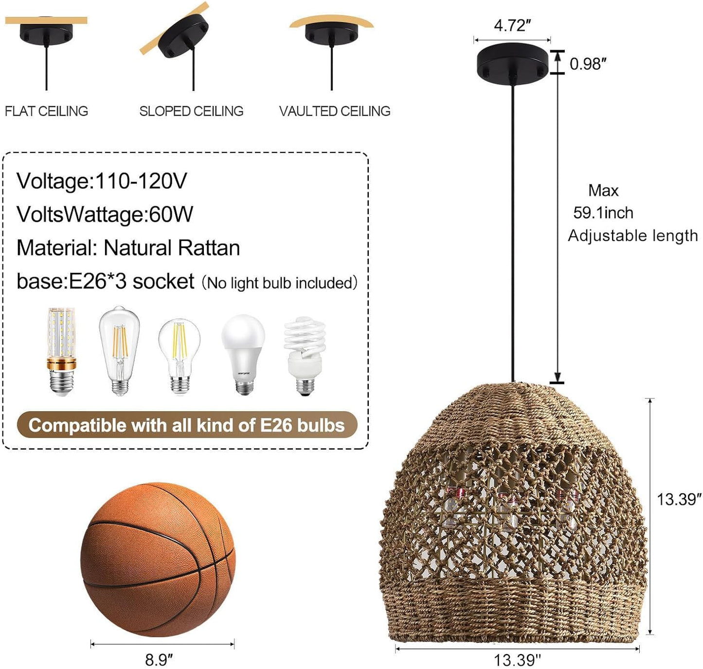 Rattan Pendant Fixtures, 13.39" Boho Wicker Chandelier,3-Light Hand-Woven Seagrass Ceiling Hanging Lights for Kitchen Islands, Dining Rooms, and Farmhouses.-VerdiqueGarden