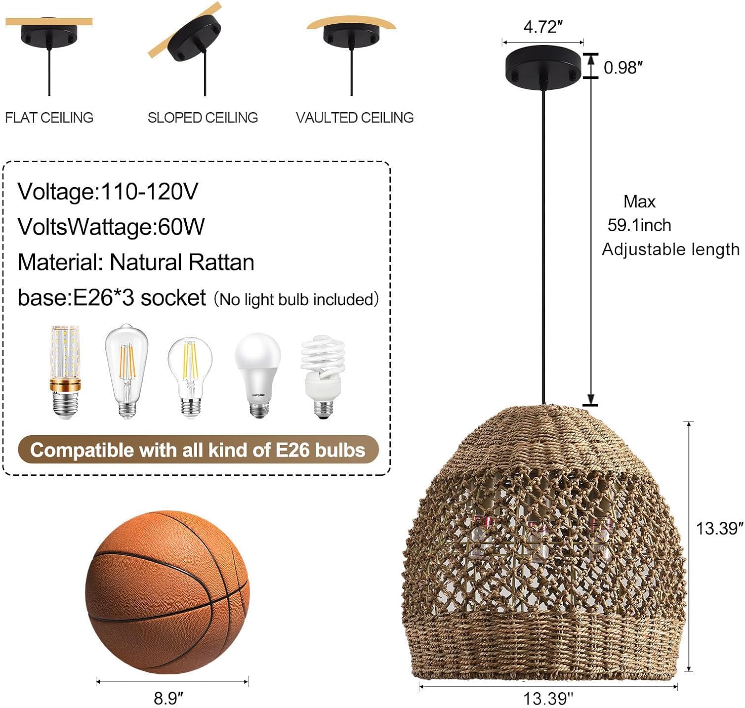 Rattan Pendant Fixtures, 13.39" Boho Wicker Chandelier,3-Light Hand-Woven Seagrass Ceiling Hanging Lights for Kitchen Islands, Dining Rooms, and Farmhouses.-VerdiqueGarden