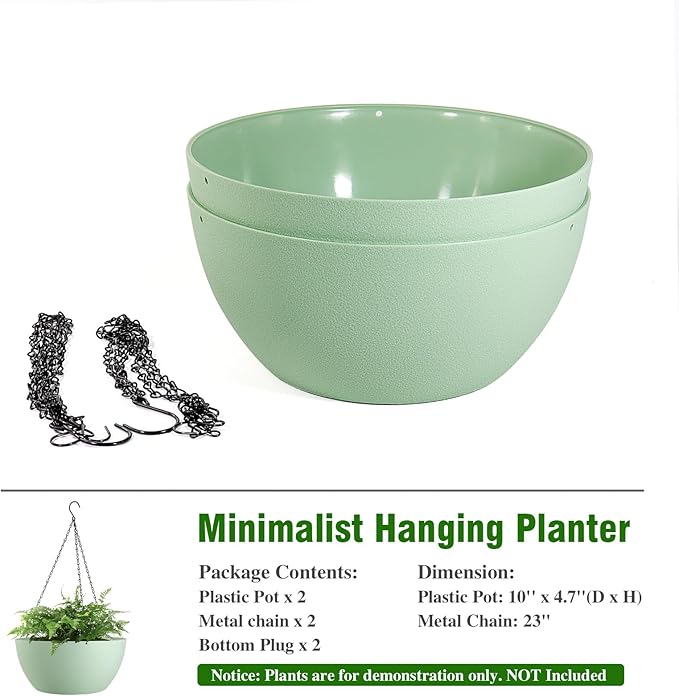 10 inch Hanging Planters for Outdoor Indoor Plants with Drainage Holes and Chain, 2 Pack Round Hanging Flower Pots for Garden Home Porch Decor,Green-VerdiqueGarden