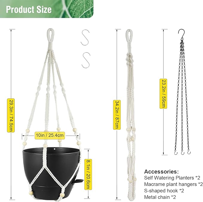 10 inch Self Watering Hanging Planters, 2 Pack Hanging Baskets for Indoor Outdoor Plants, Hanging Flower Pots with Drainage Holes & 2 Kinds of Plant Hangers for Garden Home Decor, Black-VerdiqueGarden