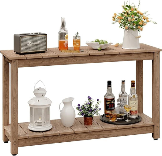 Outdoor Console Table, 48" Weather Resistant HIPS Patio Side Table, 440LBS Weight Capacity, 2-Tier Multifunctional Buffet Bar Storage Organizer for Garden Deck, Teak-VerdiqueGarden