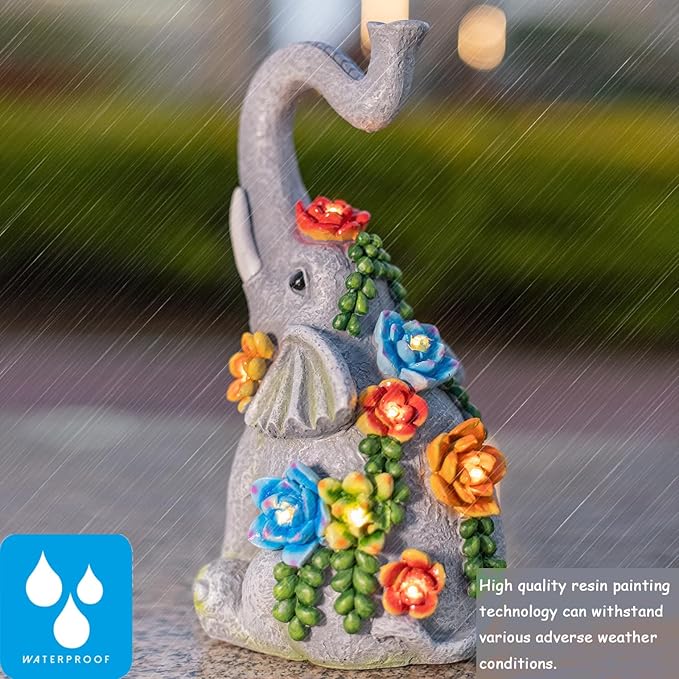 Elephant Garden Statue Solar Lamp with 8 Led Lights Decor Outdoor Resin Waterproof Sculpture Patio Lawn Yard Porch Decorations Housewarming Gifts for Women Mom Grandma-VerdiqueGarden