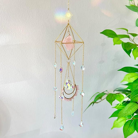 Crystal Suncatcher Rose Quartz, Spiritual, Sun Catcher Hanging for Windows, Rainbow Maker, Crystal Indoor Garden Home Decor, Natural Gemstone Boho Decor (Rose Quartz)-VerdiqueGarden