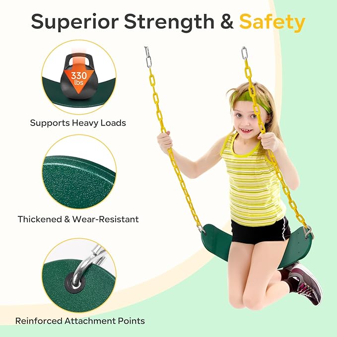 Decorlife 2 Pack Outdoor Swings Seats with 66" Rust-Resistant Heavy Duty Chain, Playground Swing Set Accessories Replacement Anti-Slip Seats, Backyard Swing Support 330lb for Kids or Adults (Green)-VerdiqueGarden