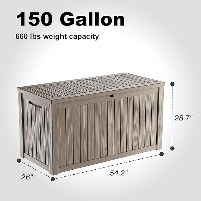 150 Gallon Outdoor Deck Box,Storage Lockable Waterproof Patio Furniture,Garden Tools,Cushions,Pool Accessories Outside Storage Resin Box(Grey)-VerdiqueGarden