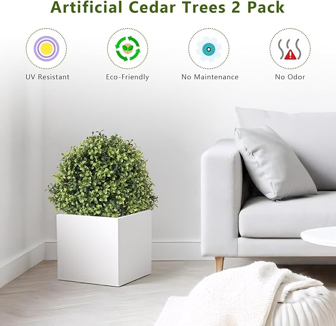 THE BLOOM TIMES 2ft Faux Boxwood Plants Outdoor Set of 2, Topiary Balls Artificial Outside Trees, 24" UV Resistant Fake Greenery Bushes & Shrubs for Front Porch Planter-VerdiqueGarden