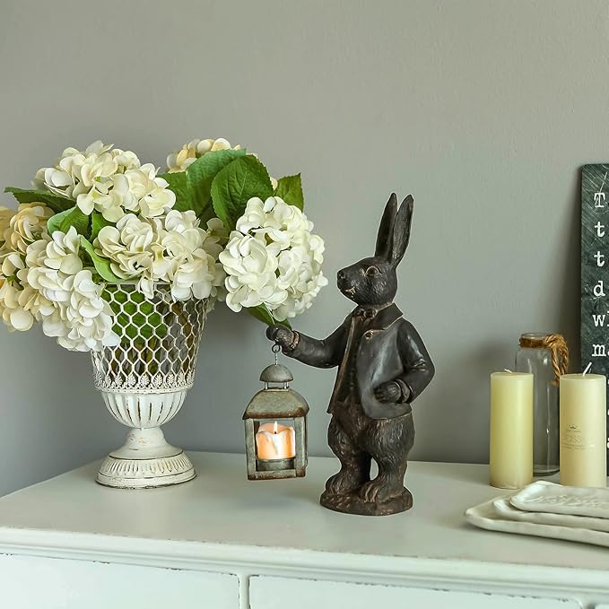 NIKKY HOME Easter Bunny Decorations, Vintage Resin Bunny Figurine with Lantern, Metal Rabbit Tealight Candle Lantern Holder Rabbit Outdoor Statues Gift for Garden Home-VerdiqueGarden