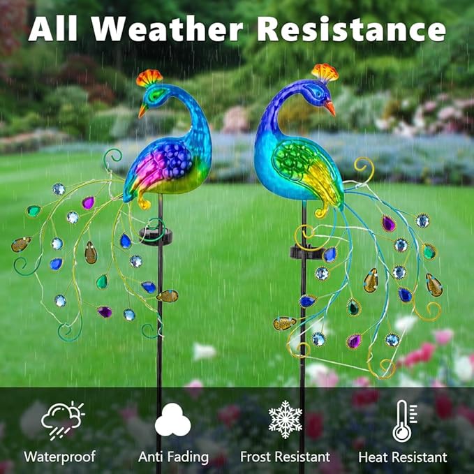 DREAMSOUL 2 Pack Peacock Solar Lights Outdoor, Waterproof Metal Peacock Outdoor Solar Lights for Yards Pathway Lawn Decoration Peacock Gifts-VerdiqueGarden