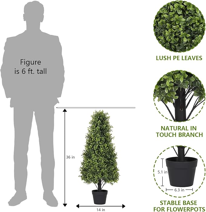 3ft Artificial Boxwood Topiary Trees (Set of 2) - UV Resistant Faux Plants Outdoor, Realistic 36" Fake Cone Bushes and Shrubs for Front Porch, Planter, Patio - Low Maintenance & Evergreen-VerdiqueGarden