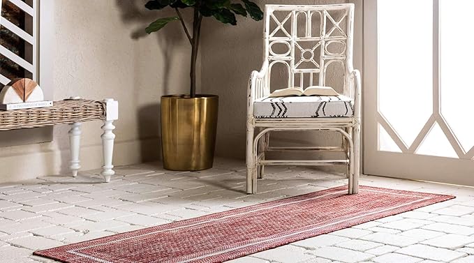 Unique Loom Outdoor Border Collection Area Rug - Soft Border (2' x 6' 1" Runner, Rust Red/ Ivory)-VerdiqueGarden