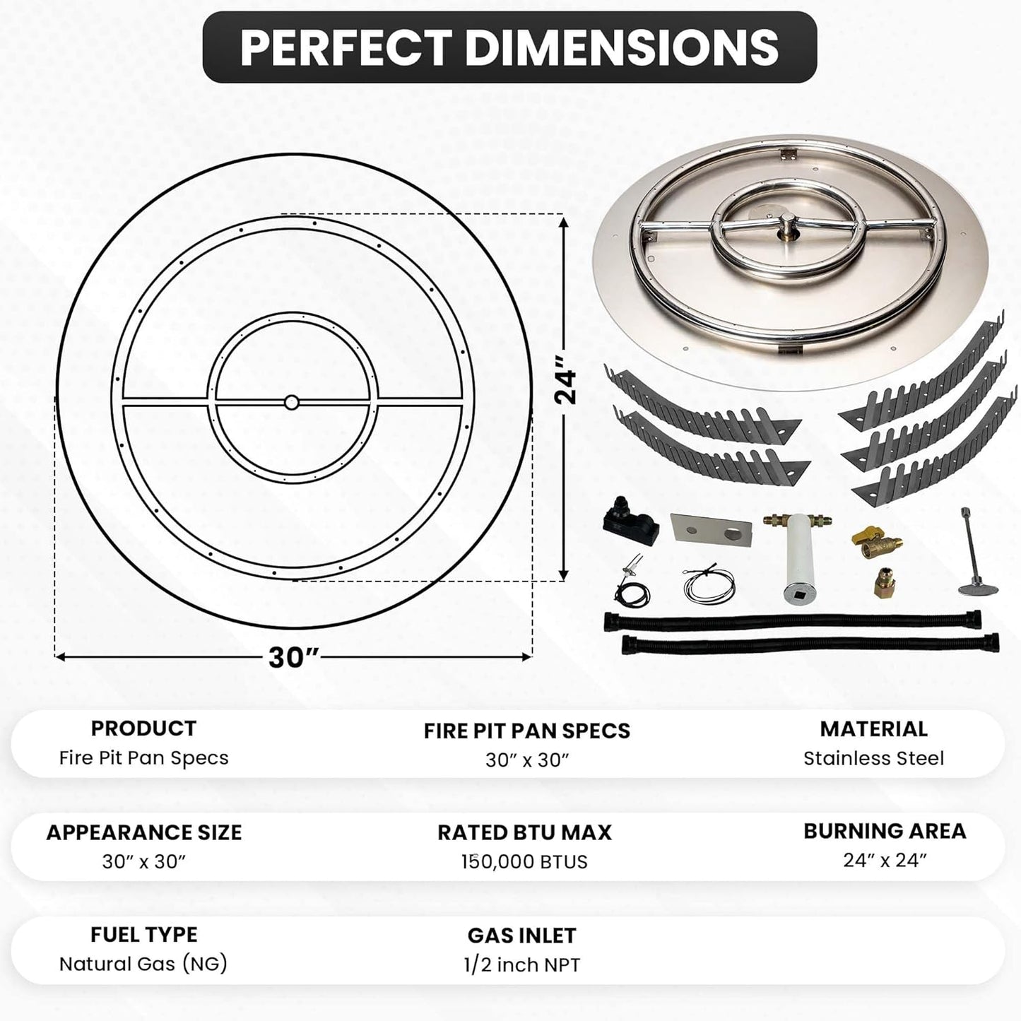 Stainless Steel Fire Pit Burner Pan & Ring Pro Kit for Natural Gas, 30-Inch Pan, 24-Inch Ring, 150,000 BTU Max-VerdiqueGarden